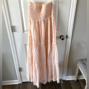 Strapless coral lace detail maxi dress